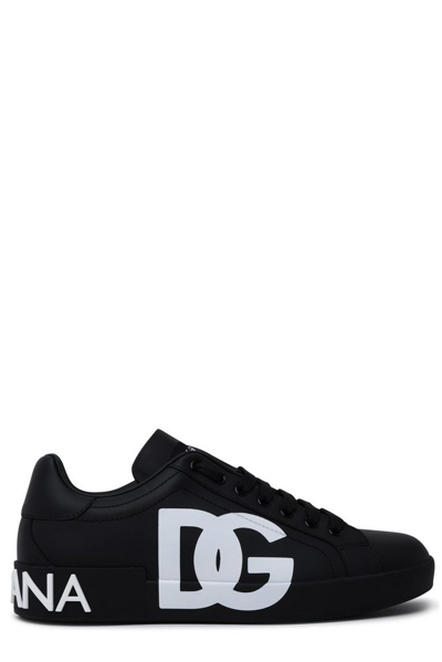 Dolce & Gabbana Calfskin Nappa Portofino Sneakers With Dg Logo Print In Black