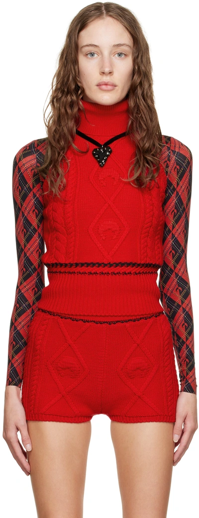 Marine Serre Sleeveless Cable Knit Wool Turtleneck In Red
