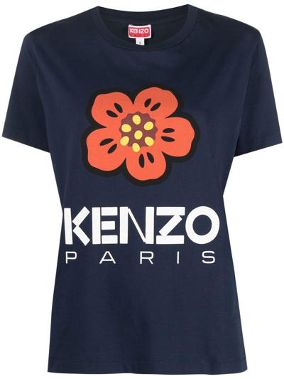 Kenzo Printed Logo Loose Cotton Jersey T-shirt In Blue
