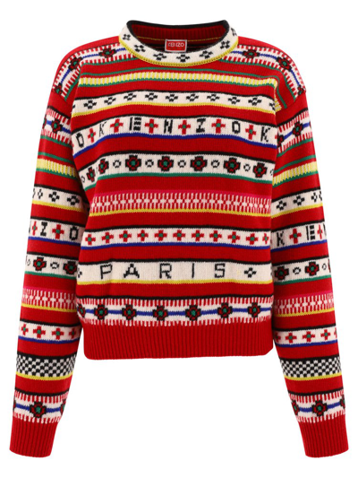 Kenzo Intarsia Striped Wool And Cotton Sweater In Rouge Moyen