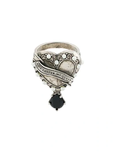 Alexander Mcqueen Heart Embellished Locket Ring In Metallic