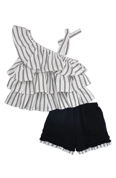 Habitual Girl Kids' Asymmetric Ruffle Top & Shorts Set In White