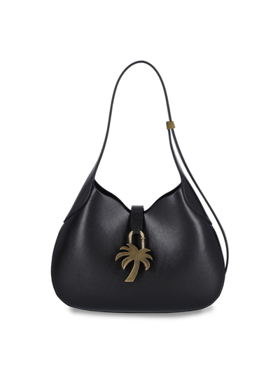 Palm Angels Logo Plaque Strapped Shoulder Bag In Black Gold