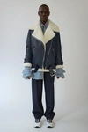 Acne Studios Velocite Leather And Shearling Jacket In Denim Blue/off White