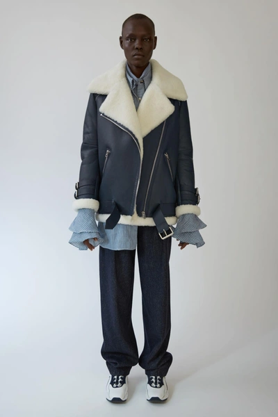 Acne Studios Velocite Leather And Shearling Jacket In Denim Blue/off White