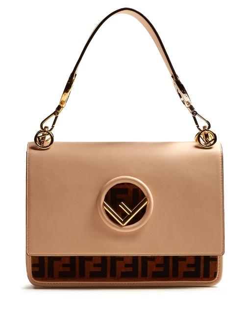 Fendi Kan I Logo Leather And Velvet Shoulder Bag In Beige Multi | ModeSens