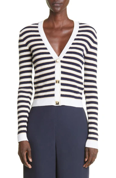 Valentino Stripe Rockstud Button Cropped Cardigan In Navy/ivory/gold