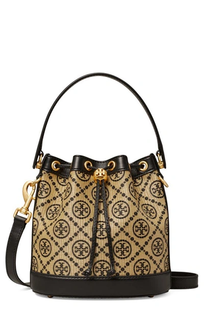 Tory Burch T Monogram Raffia Bucket Bag In Black/brass