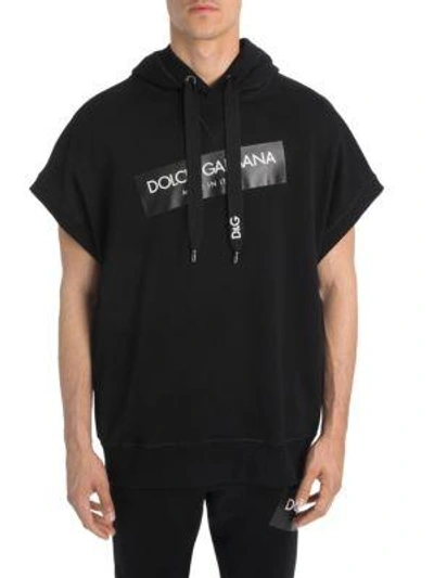 Dolce & Gabbana Logo Tape Short Sleeve Cotton Sweatshirt In Black
