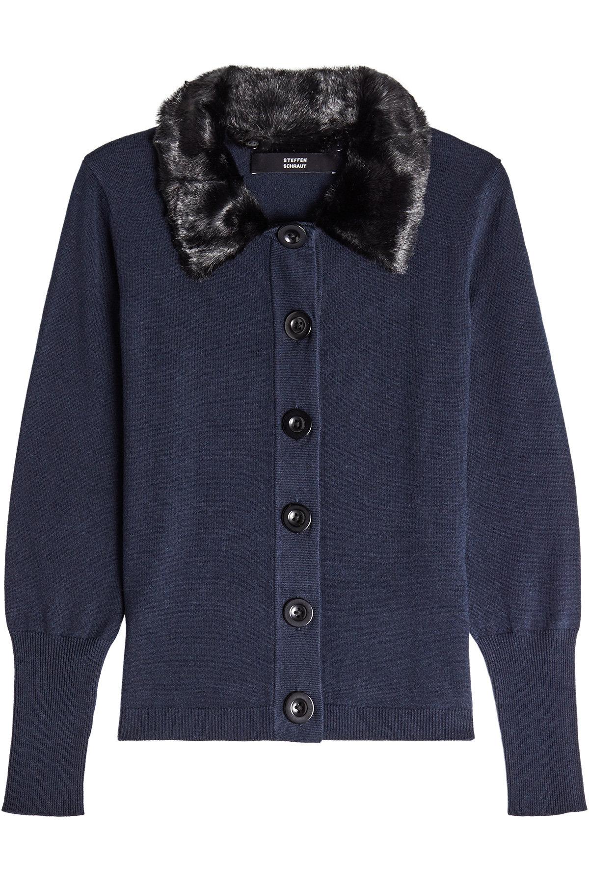 Steffen Schraut Cardigan With Faux Fur Collar In Blue Modesens