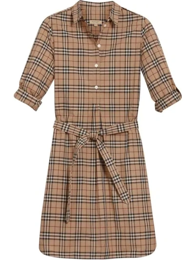 Burberry Check-print Belted Tunic Dress In Camel