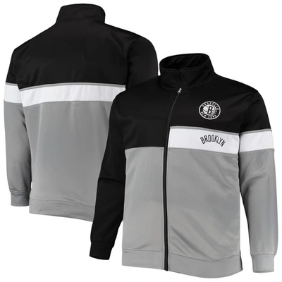 Profile Men's Black, Gray Brooklyn Nets Big And Tall Pieced Body Full-zip Track Jacket In Black,gray