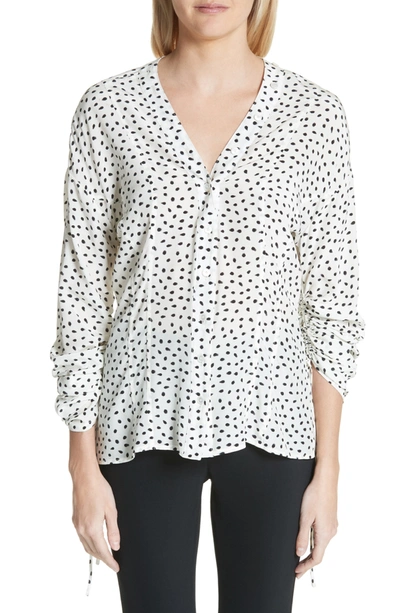 Jason Wu Polka Dot Ruched Sleeve Silk Shirt In Chalk Black