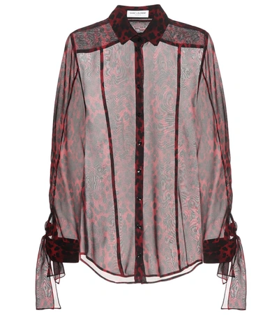 Saint Laurent Leopard-print Silk Tie-sleeve Blouse In Red