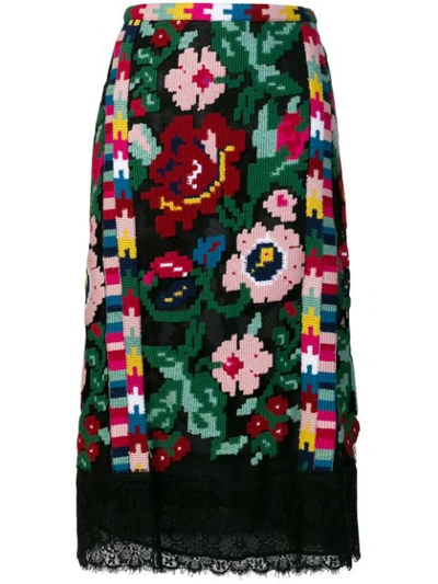 Valentino Semisheer Carpet-embroidered Pencil Skirt With Lace Hem In Multicolour