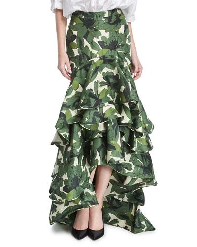 Johanna Ortiz La Penca Ruffled High-waist Maxi Skirt In Green Pattern