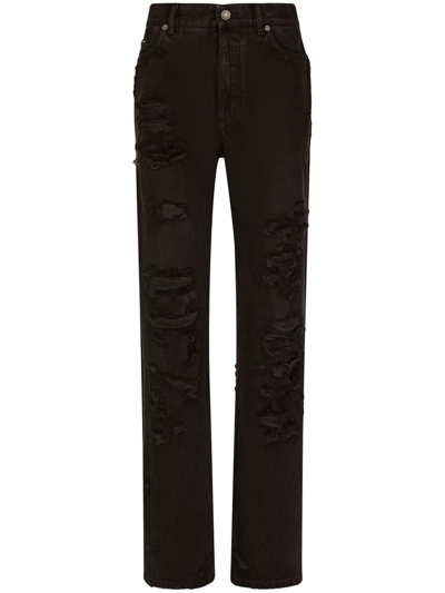 Dolce & Gabbana Distressed Straight-leg Ankle Jeans In Black