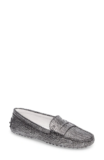 Tod's Gommini Metallic Scratch Leather Penny Loafer In Silver