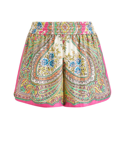 Etro Woman Pink Silk Shorts With Floral Paisley Print In Multicolor