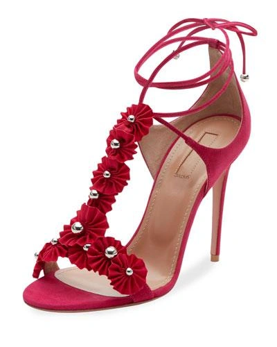 Aquazzura Studded Suede Ankle-tie Sandal In Pink