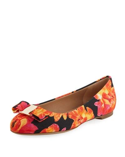 Ferragamo Floral-print Grosgrain Ballerina Flat In Black Pattern