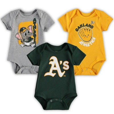 Outerstuff Babies' Newborn And Infant Boys And Girls Green, Gold, Gray Oakland Athletics Change Up 3-pack Bodysuit Set In Green,heathered Gray,gold