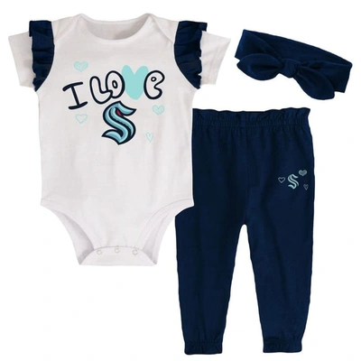 Outerstuff Babies' Girls Infant White, Deep Sea Blue Seattle Kraken I Love Hockey Bodysuit, Pants And Headband Set In White,deep Sea Blue