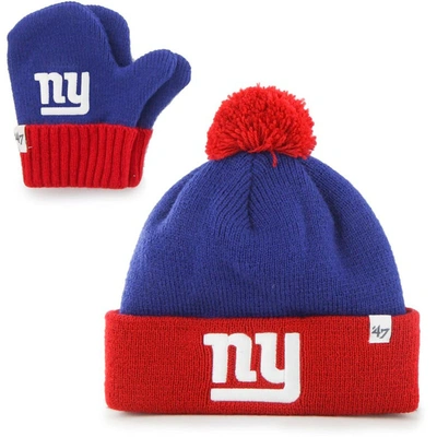 47 Kids' Toddler ' Royal/red New York Giants Bam Bam Cuffed Knit Hat With Pom And Mittens Set