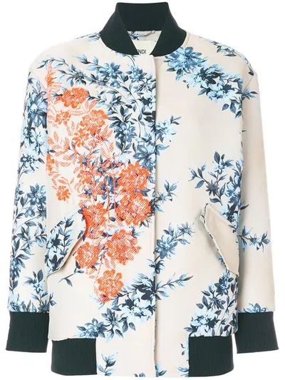 Fendi Embroidered Floral-print Satin Bomber Jacket In Blue