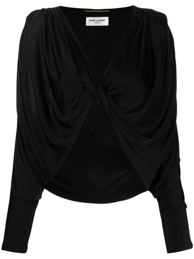 Saint Laurent Long-sleeved Top In Shiny Knit In Nero