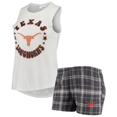 Concepts Sport Women's  Charcoal, White Texas Longhorns Ultimate Flannel Tank Top And Shorts Sleep Se In Charcoal,white