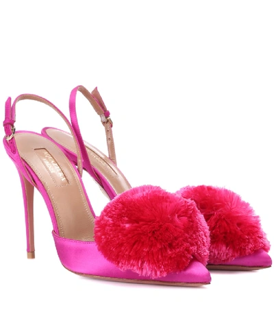 Aquazzura Powder Puff Pompom-embellished Satin Slingback Pumps In Magenta