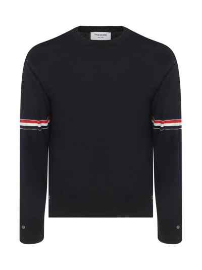 Thom Browne Logo Armbands Knit Wool Sweater In Blue