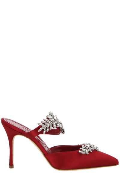 Manolo Blahnik Lurum 90 Crystal-embellished Velvet Mules In Burgundy