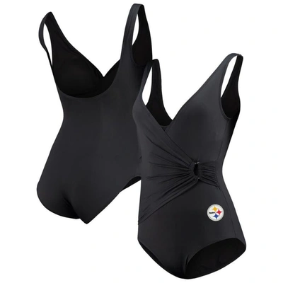 Tommy Bahama Black Pittsburgh Steelers Pearl Clara Wrap One-piece Swimsuit In Black