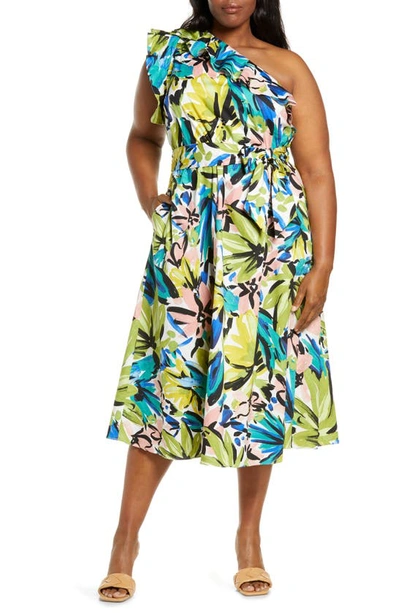 Donna Morgan For Maggy Floral Print Ruffle One-shoulder Midi Dress In Soft White/ Olive Green