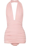 Norma Kamali Bill Ruched Halterneck Swimsuit In Baby Pink