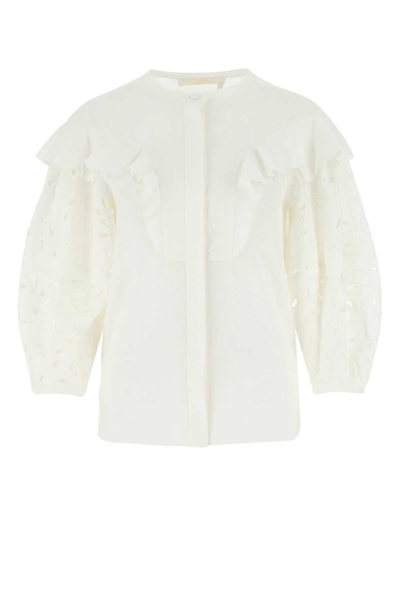 Chloé Ruffled Broderie Anglaise Linen Blouse In White