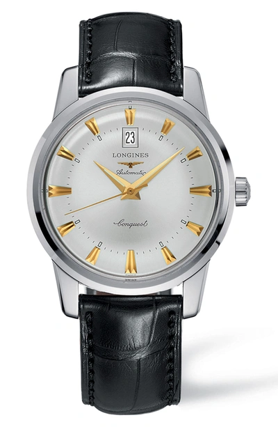 Longines Conquest Heritage Automatic Alligator Leather Strap Watch, 40mm In Black/ Silver/ Gold