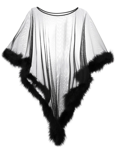 Folies By Renaud Feather Trimmed Sheer Poncho In Black