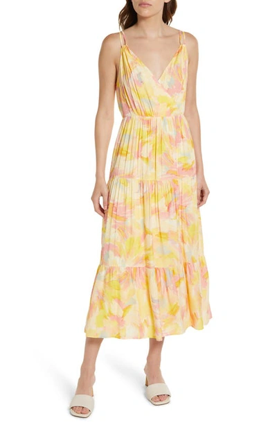 Adelyn Rae Connie Abstract Tiered Midi Dress In Yellow Pink
