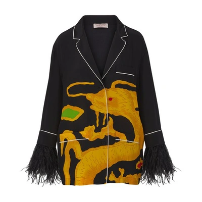 Valentino Feather-trimmed Printed Silk Crepe De Chine Shirt In Black