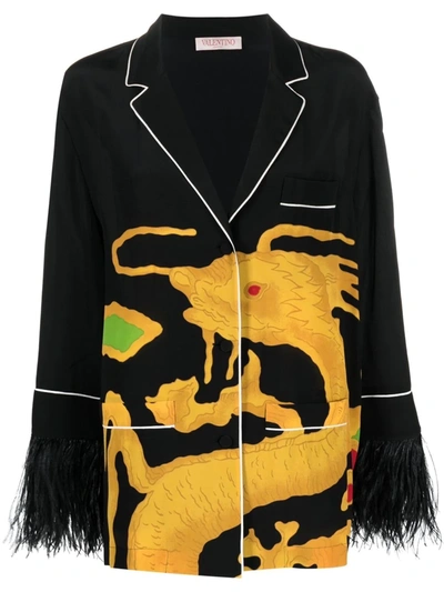 Valentino Feather-trimmed Printed Silk Crepe De Chine Shirt In Multicolor