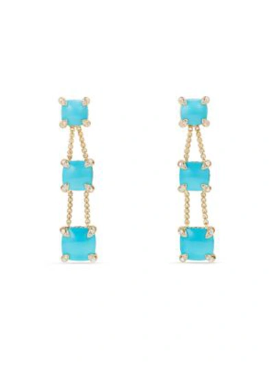 David Yurman Chatelaine Linear Chain Earrings With Turquoise & Diamonds In 18k Gold In Blue/gold