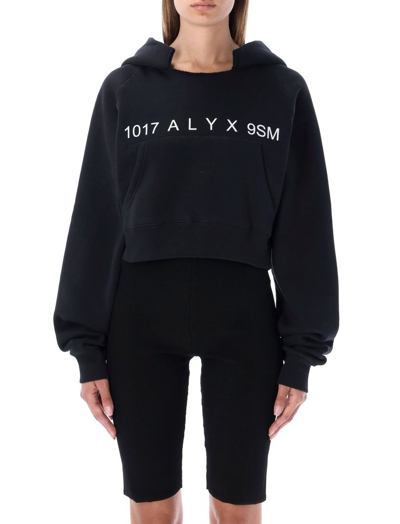 Alyx Cropped Cotton Jersey Logo Hoodie In Black