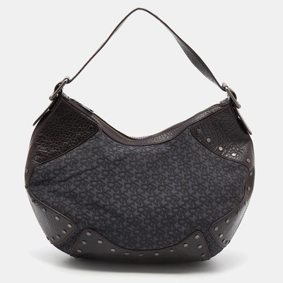 Pre-owned Dkny Brown/grey Leather And Canvas Studded Hobo