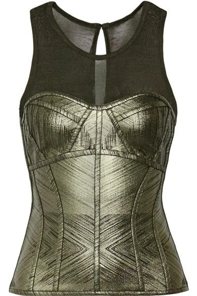 Herve Leger Metallic Bandage And Stretch-knit Top In Army Green