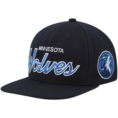 Mitchell & Ness Men's  Black Minnesota Timberwolves Hardwood Classics Script 2.0 Snapback Hat