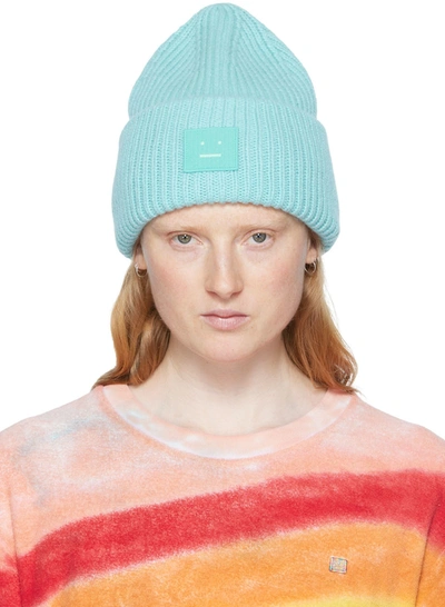Acne Studios Pansy Turquoise Logo Ribbed Wool Beanie In Turquoise Blue
