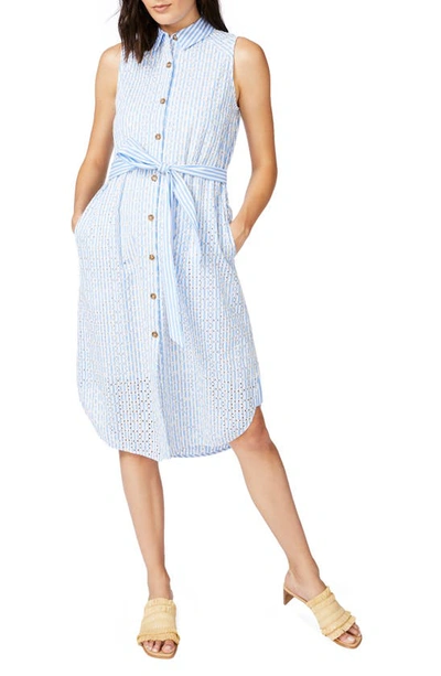 Court & Rowe Stripe Sleeveless Embroidered Eyelet Shirtdress In Chambray Blue